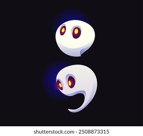 Fuente fantasma de Halloween, signo de puntuación de punto y coma. Tipo malvado de la historieta, tipografía aterradora, glifo espeluznante del alfabeto del monstruo. Vector aislado de fantasmas, espías divertidos o fantasmas como símbolo de tipografía de puerta y coma