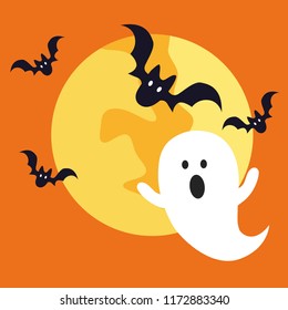 Halloween ghost. Halloween full moon ghost and bat icon vector