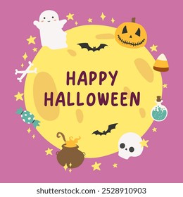 Halloween Ghost Full Moon Clipart. Happy Halloween. Happy halloween party invitation card, posters or flyers vector. Halloween Trick or Treat social media post vector illustration.