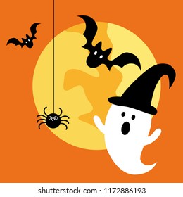 Halloween ghost. Halloween full moon ghost with spider and bat icon vector