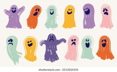 Halloween, fantasma, fantasmas, arte de la pared, regalo. Conjunto de fantasma de color pastel del arco iris, Ilustración vectorial de acuarela. Vector de moda para Halloween. Temporada espeluznante. Plantilla bebé creepy personajes de libro para niños.