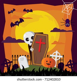 Halloween ghost and graveyard in moon illustrations.