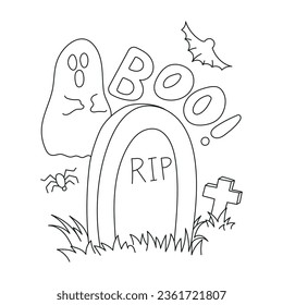 Halloween Ghost with graveyard outline illustration for coloring book
