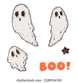 Halloween ghost. Hand drawn vector illustration. Happy halloween. Ghost set. Cartoon style.