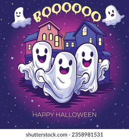 Halloween ghost. Happy halloween party greeting card with cute specter. Funny happy spirit. Ghost face, ghost house, cute spirit, bogey, specter, phantasma, revenant, wraith, vision, shadow, soul.