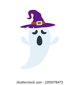 Fantasma de Halloween con sombrero aislado en fondo blanco
