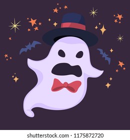 Halloween ghost in hat with scary face. Vector design for prints, tshirts, party posters and banners.