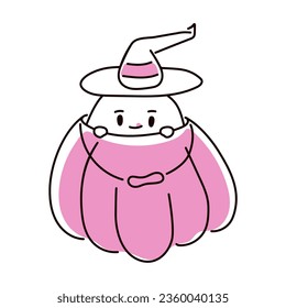 Halloween ghost in hat sits in a pink pumpkin. Spooky character in doodle style. Vector illustration isolated on a white background.