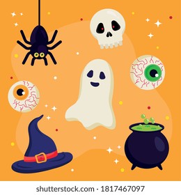halloween ghost hat skull eyes spider and witch bowl design, happy holiday and scary theme Vector illustration