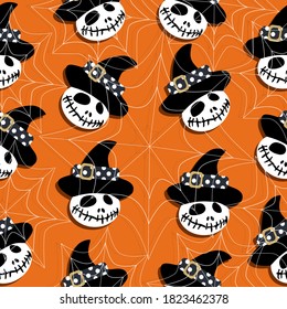 Halloween ghost in hat and spider web on orange background