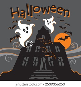 Halloween Ghost and Haunted House, Isolated Pattern with Bat and Halloween Text-Halloween Vector Illustration