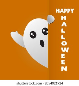 Halloween ghost is hiding behind the wall. one of the character symbols on Halloween celebrations. vector illustration in cartoon style
