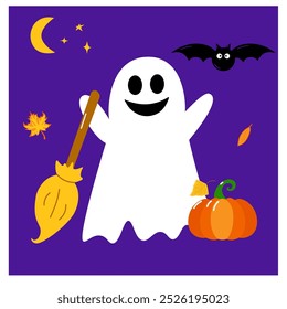 O fantasma do Halloween segura uma vassoura e uma abóbora. Design vetorial em plano de fundo isolado. Estilo de desenho animado.
