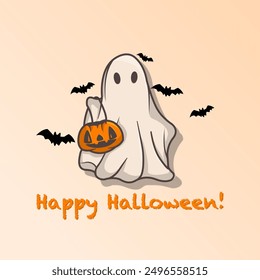 Fantasma de Halloween sostiene una calabaza. Diseño de Vector sobre fondo aislado. Estilo de dibujos animados.
