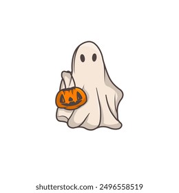 Halloween ghost hold a pumpkin. Vector design on isolated background. Cartoon style.