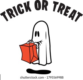 Halloween Ghost holding a paper bag and saying Trick or Treat