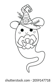 Halloween ghost holding pumpkin in witch hat coloring page. Outline cartoon vector illustration