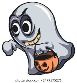 Halloween ghost horror night spooky with big teeth while carrying a pumpkin bag ask trick or treat in holiday party cartoon vector, work of hand drawn