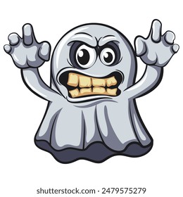 Halloween ghost horror night spooky with big teeth raising his hands ask trick or treat in holiday party cartoon vector, work of hand drawn