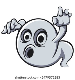 Halloween ghost horror night spooky boo and raising his hands ask trick or treat in holiday party cartoon vector, work of hand drawn