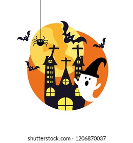 Halloween ghost. House with the cute ghost and bat, spider vector in flat design