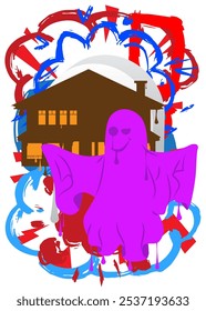 Halloween Ghost and House Graffiti tag. Abstract modern street art decoration performed in urban painting style.