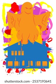 Halloween Ghost and House Graffiti tag. Abstract modern street art decoration performed in urban painting style.