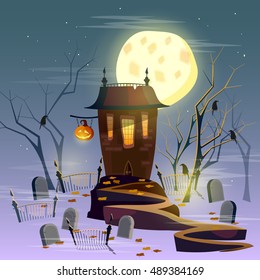Halloween ghost house mystical background halloween cartoon vector 