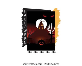 Halloween Ghost House, Scary Pumpkin, Retro, Red Eyes Vector T-shirt Design