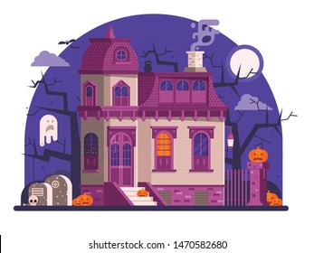 Halloween ghost house scene with victorian haunted mansion entrance, old cemetery, spooks and pumpkins by full moon night. Horror story or scary tale concept illustration banner or background.