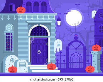 Halloween ghost house scene with victorian haunted mansion entrance, old cemetery, spooks and gallows tree by full moon night. Horror story or scary tale concept vector illustration.