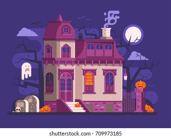 Halloween ghost house scene with victorian haunted mansion entrance, old cemetery, spooks and pumpkins by full moon night. Horror story or scary tale concept vector illustration banner or background.