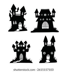 Halloween Ghost Houses and Monster Castles Silhouette Vector Set

