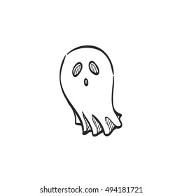 Halloween ghost icon in doodle sketch lines. Spooky fear frighten treat threat