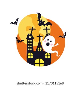 Halloween ghost icon. House with the ghost and bat vector in flat design