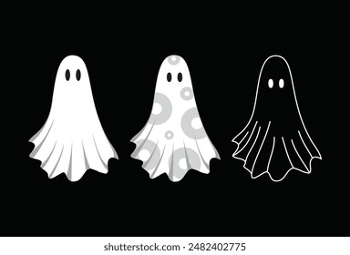 El conjunto de Ilustraciones Halloween Ghost Icon incluye diseños dinámicos y encantadores, perfectos para la decoración de Halloween, invitaciones a fiestas y proyectos con temática fantasmagórica