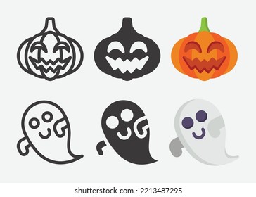 Halloween y conjunto de iconos fantasma. Colección de halloween diferente, Halloween de calabaza en estilo plano y contorno. Vector