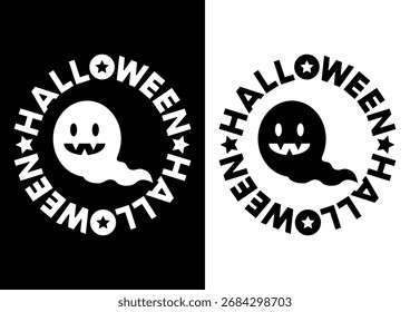 Icono de fantasma de Halloween. Ilustración vectorial. Diseño sencillo en blanco y negro. Marco circular de las letras inglesas. Conjunto de iconos.
