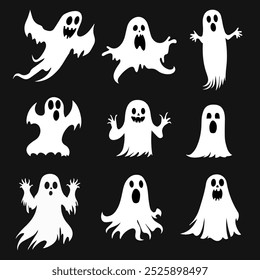 Halloween. Conjunto de iconos fantasma. Colección de diferentes fantasmas de miedo. Símbolos mágicos para fiestas, fiestas, Plantillas y decoraciones. Ilustración vectorial.