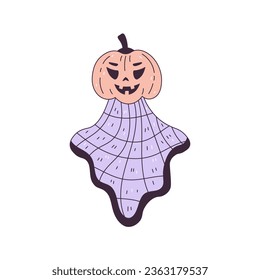 Halloween Ghost with Jack jack o'lantern head. Creepy holiday design. Spooky ghost character in checkered plaid and scary smile. Vector illustration