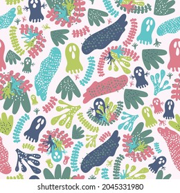 Halloween ghost in jungle theme seamless pattern