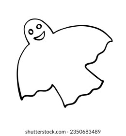 Halloween ghost with kind smile outline clipart isolated on white. Black line drawing sketch in doodle style. Vector picture, illustration of traditional decoration, baby holiday design.