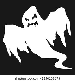 Halloween ghost label monochrome with flying white monster for home design on october 31st eve vector illustration