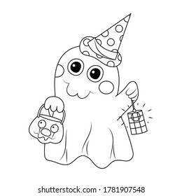 Halloween ghost and lamp vector illustration cartoon isolated white background  Halloween trick treat ghost and candy bucket   lamp vector cartoon colorless for coloring page 