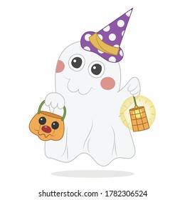 Halloween ghost with lamp vector illustration cartoon isolated on white background. Halloween trick or treat ghost with candy bucket and lamp vector cartoon.