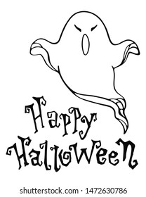 Halloween Ghost. Lettering Happy Halloween. Black and white doodle linear sketch. Vector illustration. Hand drawing cartoon illustration on white background