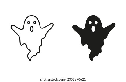 Halloween Ghost Line and Silhouette Black Icon Set. Spooky and Scary Monster for Halloween Pictogram. Cute Funny Dark Ghost Under Sheet for Halloween Symbol Collection. Isolated Vector Illustration.