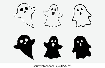Halloween Ghost Line and Silhouette Vector, Minimal Design on White Background