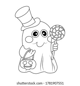 Halloween ghost and lollipop vector illustration cartoon isolated white background  Halloween trick treat ghost and candy bucket   lollipop vector cartoon colorless for coloring page 