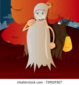Halloween ghost with a magnifying glass. Vector cartoon illustration.